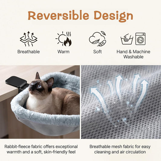 Cat Desk Bed -,One-Click Folding,Soft Synthetic Rabbit Fur Double-Sided Removable and Machine Washable Supports up to 66Lb,Fits Gaming Desks & Home Office 18"X18" (Smog Gray)