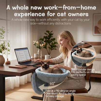 Cat Desk Bed -,One-Click Folding,Soft Synthetic Rabbit Fur Double-Sided Removable and Machine Washable Supports up to 66Lb,Fits Gaming Desks & Home Office 18"X18" (Smog Gray)