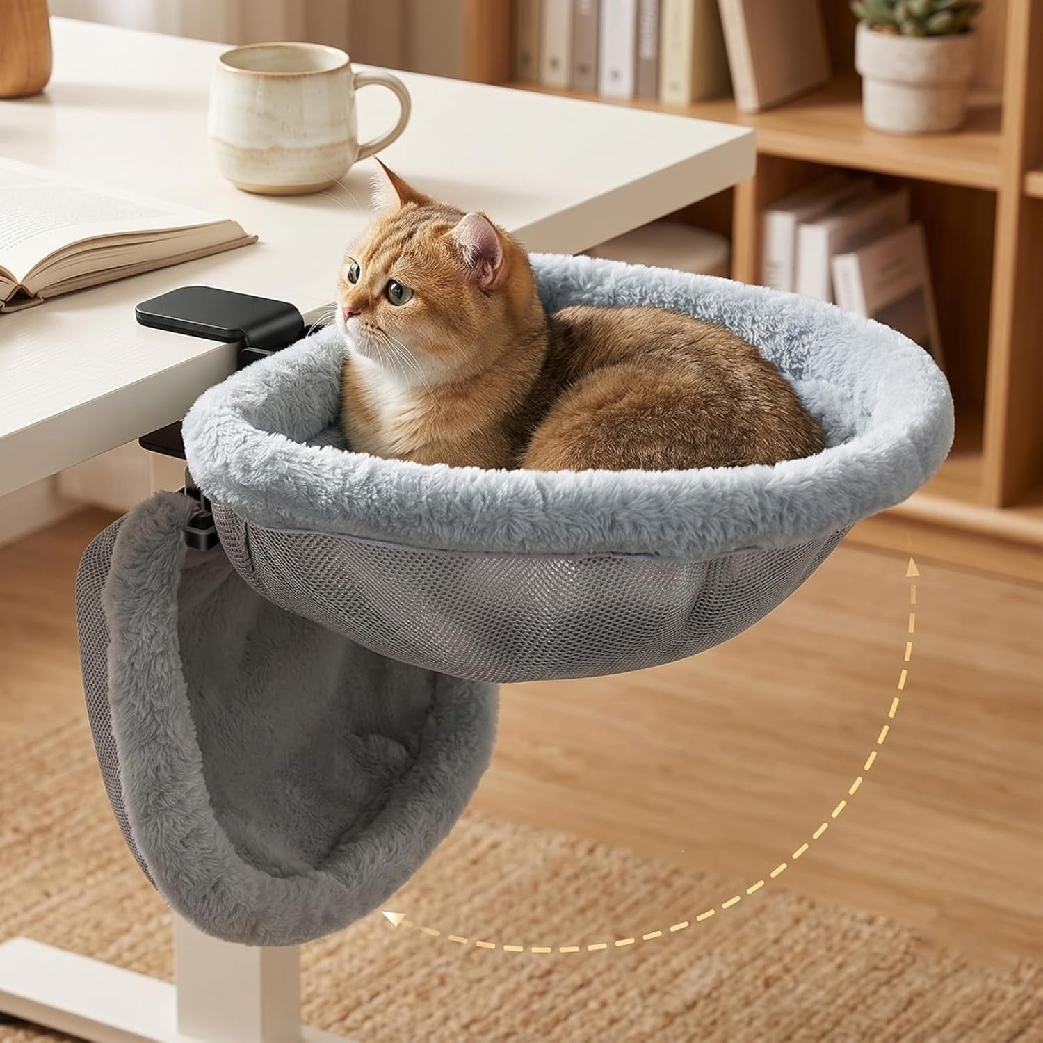 Cat Desk Bed -,One-Click Folding,Soft Synthetic Rabbit Fur Double-Sided Removable and Machine Washable Supports up to 66Lb,Fits Gaming Desks & Home Office 18"X18" (Smog Gray)