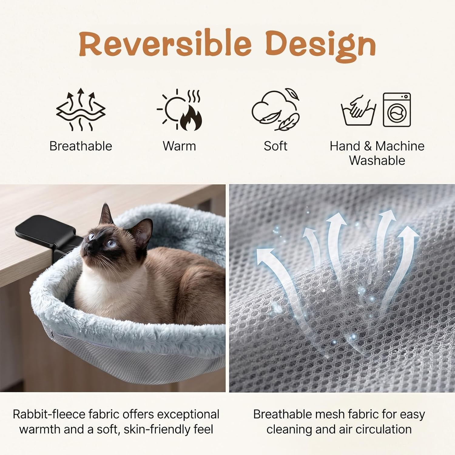 Cat Desk Bed -,One-Click Folding,Soft Synthetic Rabbit Fur Double-Sided Removable and Machine Washable Supports up to 66Lb,Fits Gaming Desks & Home Office 18"X18" (Smog Gray)