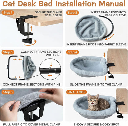 Cat Desk Bed -,One-Click Folding,Soft Synthetic Rabbit Fur Double-Sided Removable and Machine Washable Supports up to 66Lb,Fits Gaming Desks & Home Office 18"X18" (Smog Gray)