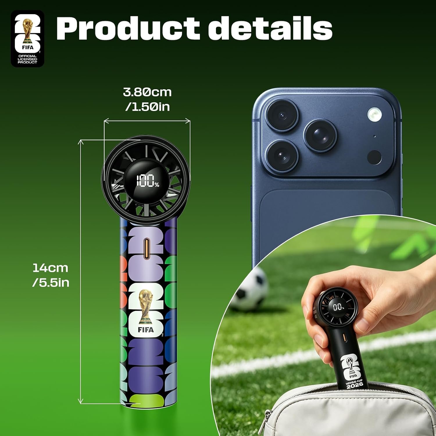 FIFA Portable Handheld Fan, 5-Speed Turbo Cooling Mini Fan, USB-C Rechargeable Personal Fan with LED Display, Pocket Size Handheld Fan for Stadium Game Day, Travel & Outdoor Gifts