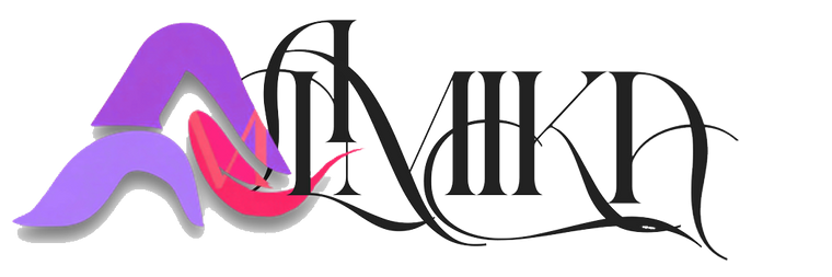 A stylized logo or graphic on a white background, featuring black ornate lettering that appears to spell a brand name, with purple and pink abstract shapes layered over the left side.