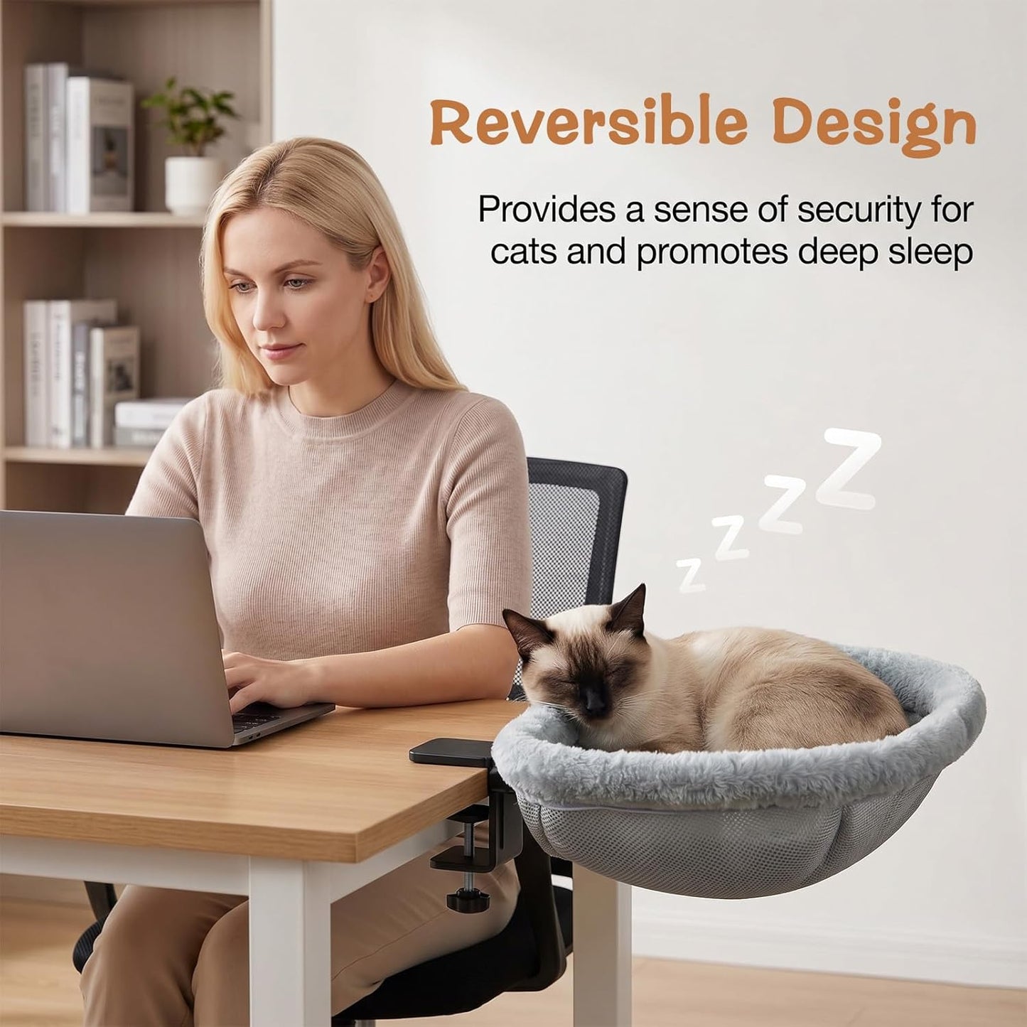Cat Desk Bed -,One-Click Folding,Soft Synthetic Rabbit Fur Double-Sided Removable and Machine Washable Supports up to 66Lb,Fits Gaming Desks & Home Office 18"X18" (Smog Gray)