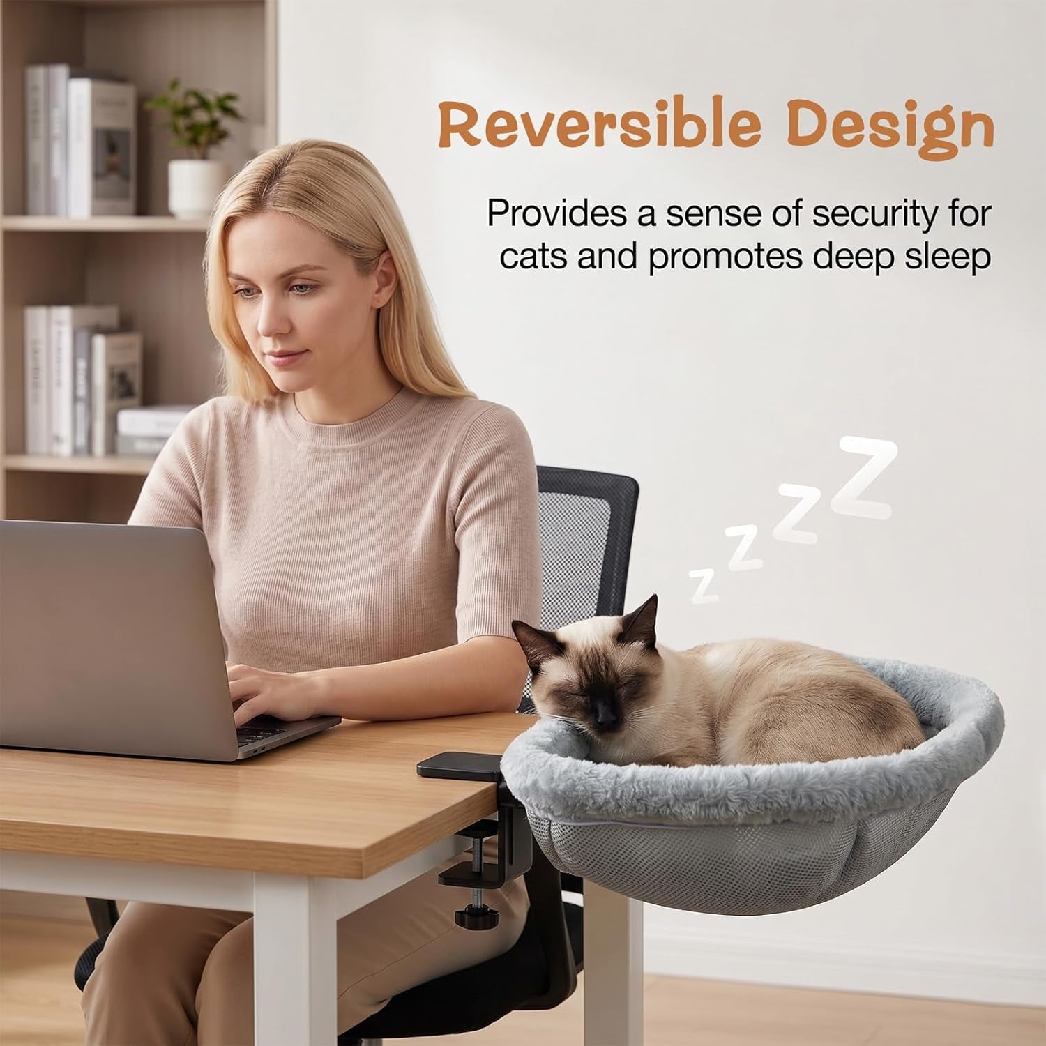 Cat Desk Bed -,One-Click Folding,Soft Synthetic Rabbit Fur Double-Sided Removable and Machine Washable Supports up to 66Lb,Fits Gaming Desks & Home Office 18"X18" (Smog Gray)