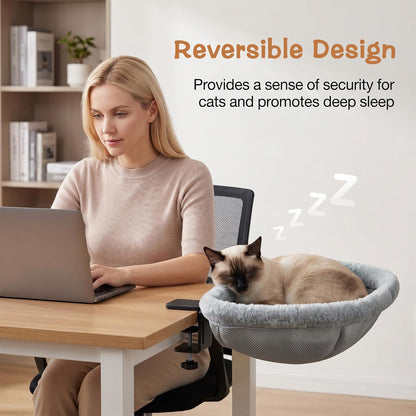 Cat Desk Bed -,One-Click Folding,Soft Synthetic Rabbit Fur Double-Sided Removable and Machine Washable Supports up to 66Lb,Fits Gaming Desks & Home Office 18"X18" (Smog Gray)
