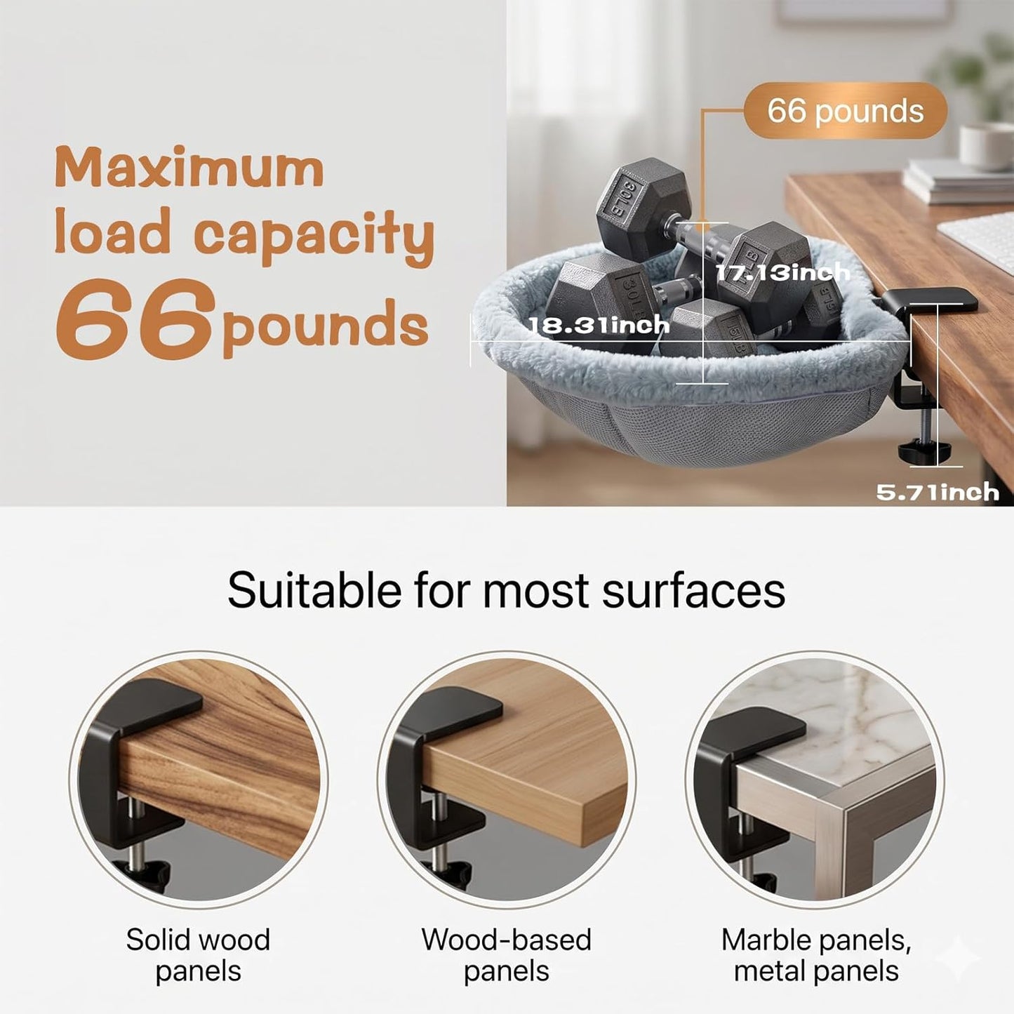 Cat Desk Bed -,One-Click Folding,Soft Synthetic Rabbit Fur Double-Sided Removable and Machine Washable Supports up to 66Lb,Fits Gaming Desks & Home Office 18"X18" (Smog Gray)
