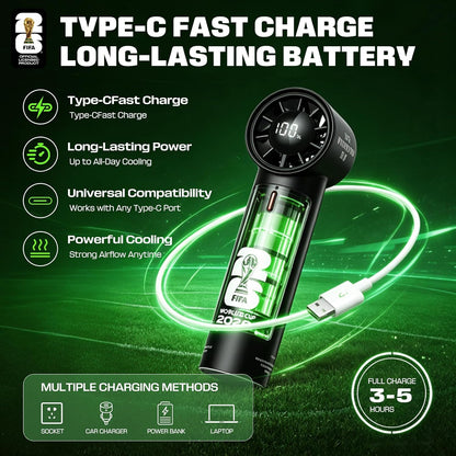 FIFA Portable Handheld Fan, 5-Speed Turbo Cooling Mini Fan, USB-C Rechargeable Personal Fan with LED Display, Pocket Size Handheld Fan for Stadium Game Day, Travel & Outdoor Gifts