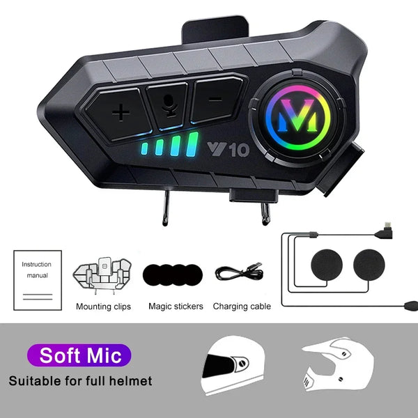 Y10 Motorcycle Bluetooth 5.3 Helmet Headset with Colorful Lights Waterproof Wireless Earphone Hands-Free Headset Waterproof